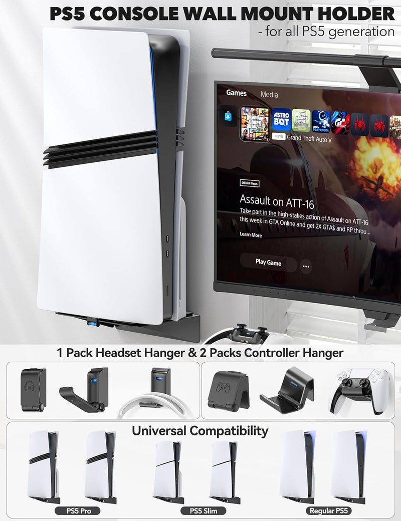 Kosker PS5/Slim/Pro Wall Mount with Headset & Controller Holder, Premium PS5 Metal Shelf Floating Mount, Universal 2 Packs Controller Stand and Headphone Stand, Game Accessries for All PlayStation 5 Console - Image 2